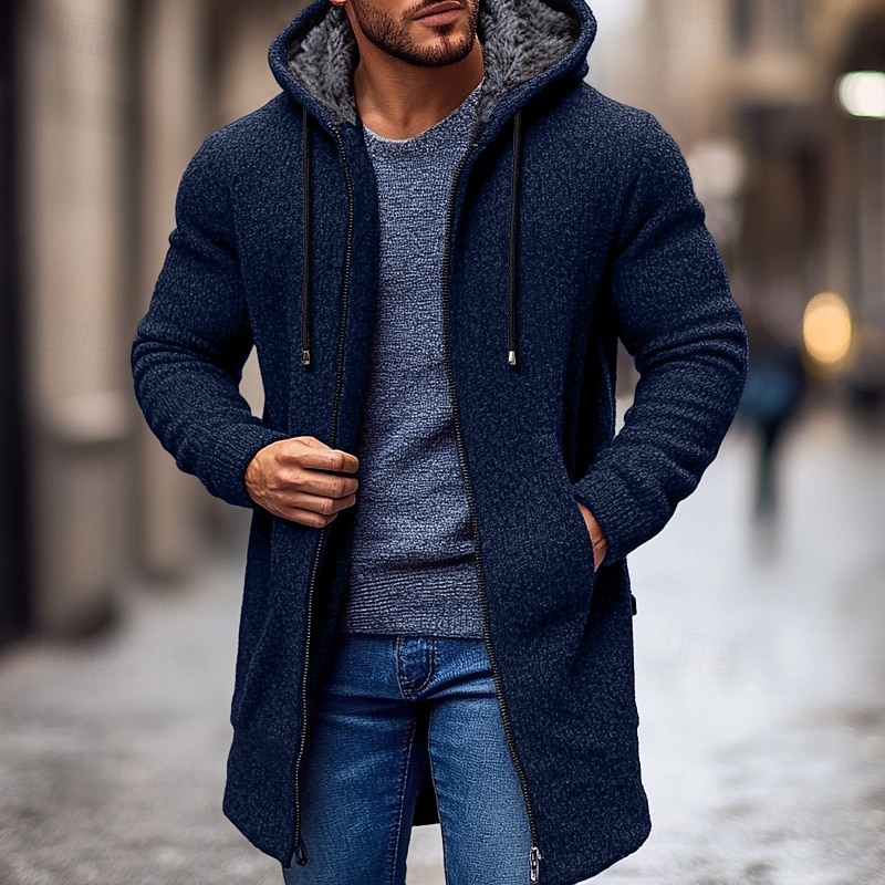 Men's Christmas Sweaters Cardigan Chunky Knit Regular Zipper Pocket Solid Color Hoodie Knitwear Elegant Home Work Clothing Apparel Bishop Sleeve Spring Fall Black Red M L XL4