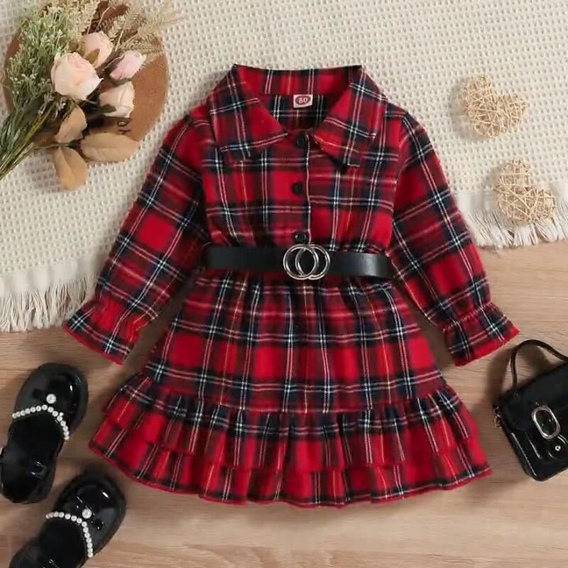 Kids Girls' Dress Plaid Long Sleeve Performance Party Patchwork Adorable Daily Polyester Midi Casual Dress Spring Fall 4 years+ Red2