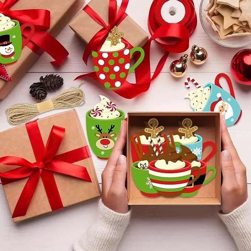 27pcs Christmas Wooden Cup Ornaments, Festive Holiday Hanging Pendants featuring Snowflakes, Santa, and Snowman Designs, Perfect for Xmas Tree Decor, Rustic Wood Decor2