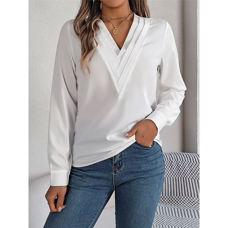 Women's Shirt Blouse Solid Color Basic Casual Long Sleeve V Neck Regular Tops Daily White Pink Wine Fall Winter4