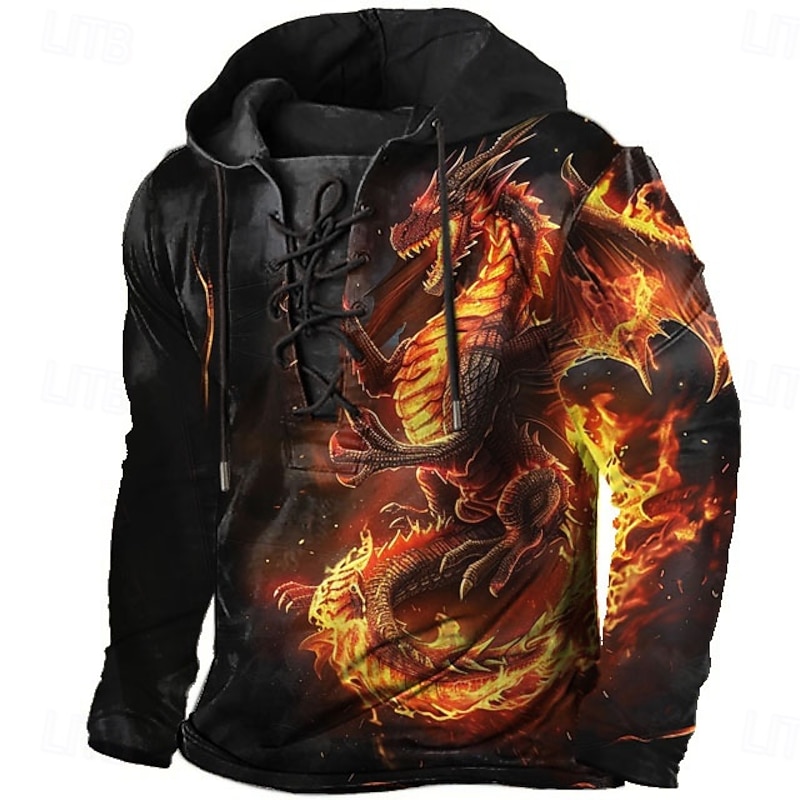 Men's Dragon Hoodie Hoodies Sweatshirt Fashion Cool Long Sleeve Hooded Vacation Sports Outdoor Going out Black Drawstring Fall Winter Designer