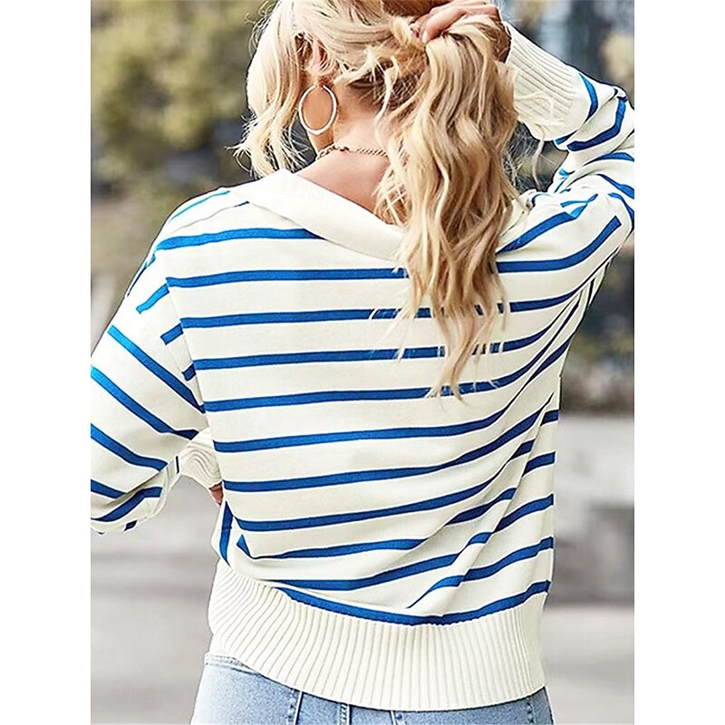 Women's Sweater Pullover Sweater Jumper Casual Soft Striped Ribbed Shirt Collar Knitted Long Sleeve Regular Tops Knit Outdoor Daily Weekend Black Red Fall Winter4