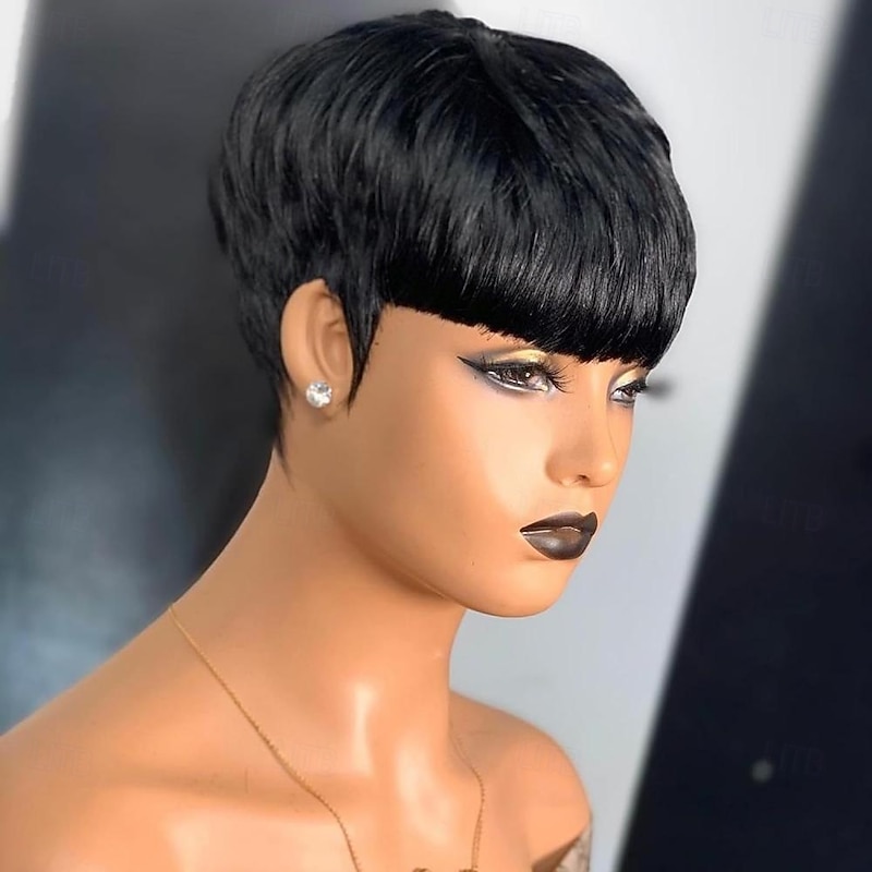 Pixie Cut Wig Human Hair Wigs For Black Women Short Layered Pixie Cut Wigs Full Machine Made Wigs Brazilian Virgin Human Hair Wigs For Women Glueless Wigs Natural Black Color2