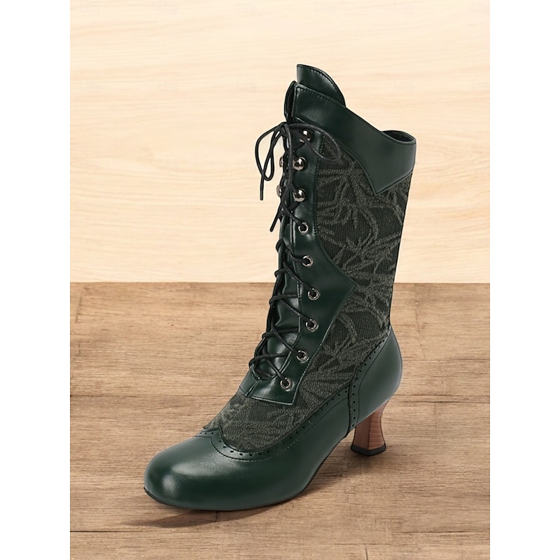 Women's Victorian Lace-Up Mid-Calf Boots with Vintage Lace Design and Faux Leather Accents - Retro Style for Cosplay, Formal Events, and Everyday Wear 5
