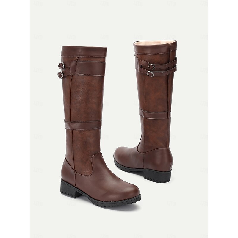 Women's Brown Knee-High Riding Boots with Buckle Detail - Durable Outdoor Footwear for Fall and Winter3