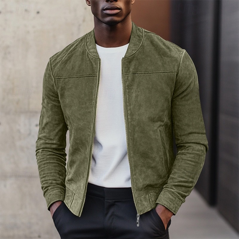 Men's Outdoor Jacket Bomber Jacket Faux Suede Jacket Formal Home Zipper Pocket Fall Winter Solid Color Active Neutral Collar Regular Black Blue Brown Green Jacket