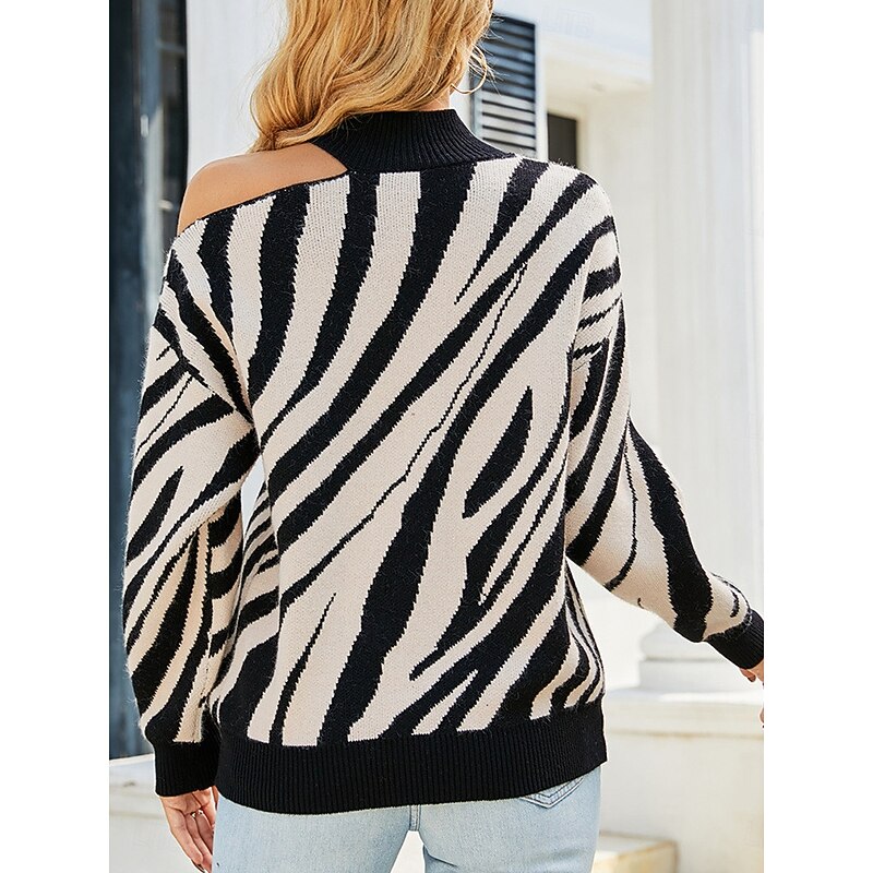 Women's Sweater Pullover Sweater Jumper Casual Soft Striped Ribbed Stand Collar Pocket Knitted Cold Shoulder Long Sleeve Regular Tops Knit Outdoor Daily Weekend Black Red Fall Winter3