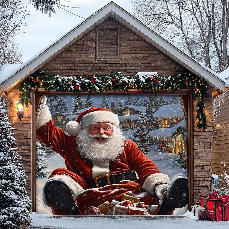 Christmas Door Decorations Garage Door Cover Santa Claus Xmas Outdoor Banner Large Christmas Backdrop for Holiday Outdoor Garage Door Home Wall Decorations4