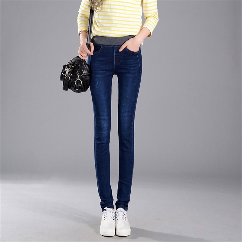 Women's Normal Jeans Cozy Leggings Fashion Streetwear Full Length High Waist Solid Color Patchwork Butt Lift Breathability Soft Stretchy Office Daily Wear Light Black Dark Blue Spring & Fall Slim 7