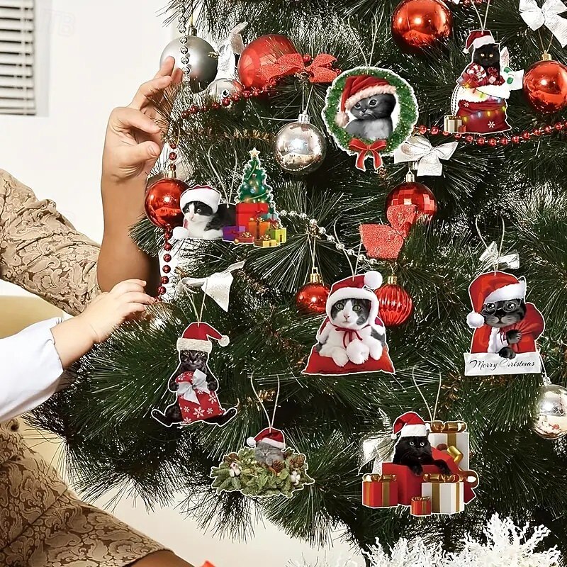 24pcs Christmas Wooden Ornaments, Classic Black Cat Tree Decorations, Versatile Holiday Hanging Decor for Thanksgiving, Halloween, and Other Celebrations, Perfect Gift for Cat Lovers4