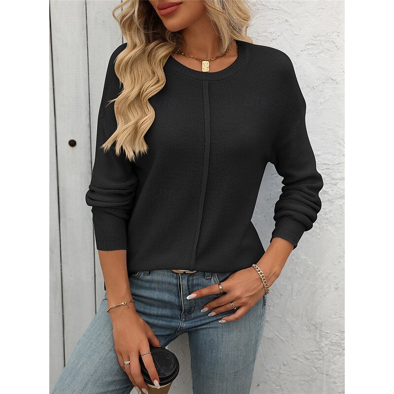 Women's Sweater Pullover Sweater Jumper Casual Soft Pure Color Ribbed Crew Neck Knitted Long Sleeve Regular Tops Knit Outdoor Daily Weekend Black Green Fall Winter 6