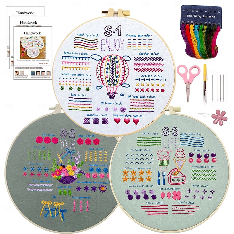 3 Sets Embroidery kit for Beginners AdultsLearn 33 Different Stitches DIY Kits Includes Stamped Flower Pattern Hoop Color ThreadsToolsEasy to Follow4