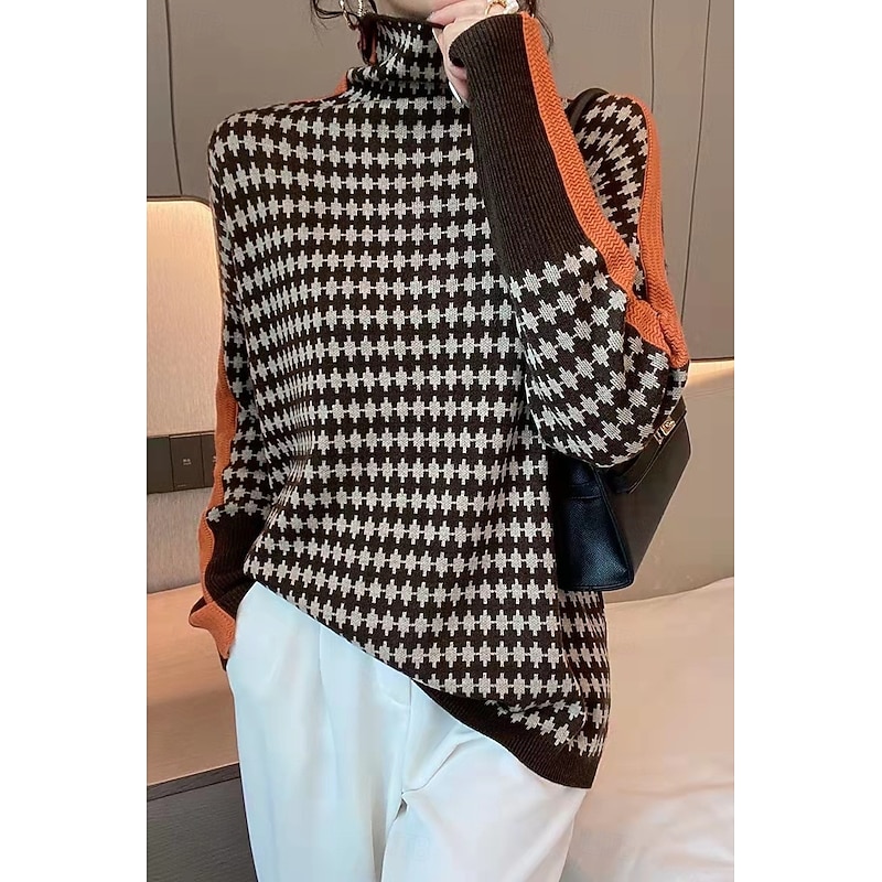 Women's Sweater Pullover Sweater Jumper Casual Soft Plaid Ribbed Turtleneck Knitted Long Sleeve Regular Tops Knit Outdoor Daily Weekend Orange Green Fall Winter2