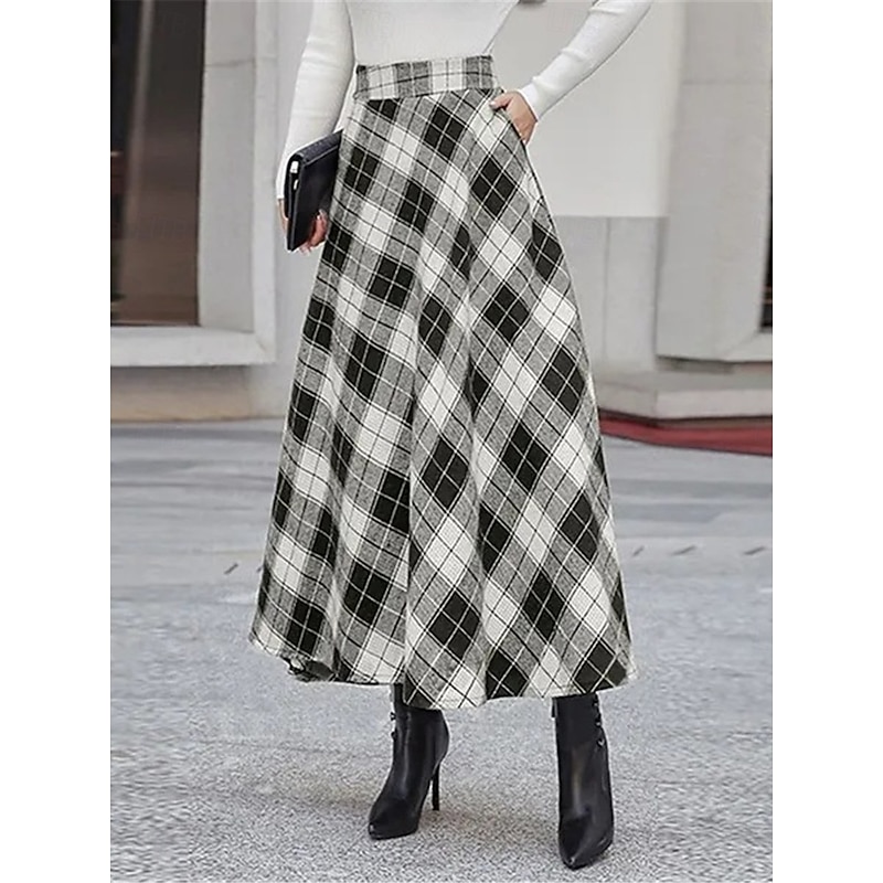 Women's Skirt A Line Maxi Skirts Pocket Print Plaid Street Daily Winter Fashion Casual Camel Black Blue4