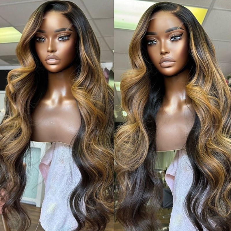 Remy Human Hair 13x4 Lace Front Wig Side Part Brazilian Hair Body Wave Multi-color Wig 130% 150% Density Ombre Hair Highlighted / Balayage Hair Glueless With Bleached Knots For Women Long Human Hair - Main Image