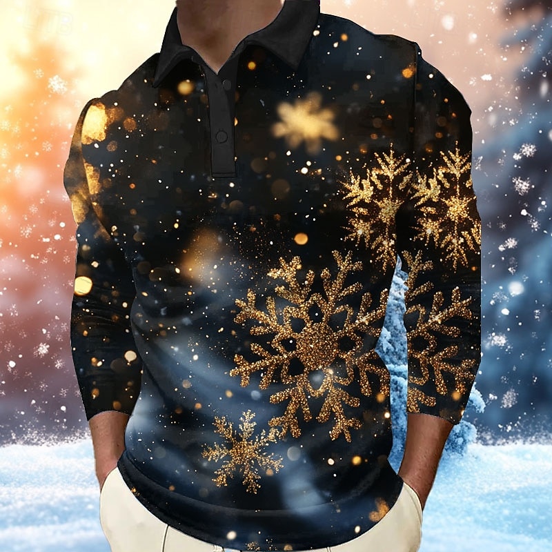 Christmas Men's Snowflake Polo Shirts Zip Polo Long Sleeve Polo Shirts Collar Casual Party Evening Wear Dailywear Zipper Spring Fall & Winter Black