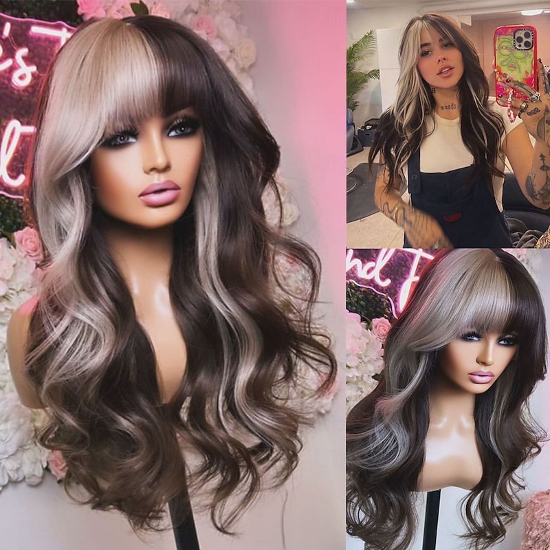 Remy Human Hair 5x5 Closure 13x4 Lace Front Wig With Bangs Brazilian Hair Wavy Multi-color Wig 130% 150% Density with Baby Hair Highlighted / Balayage Hair Natural Hairline Glueless For Women Long