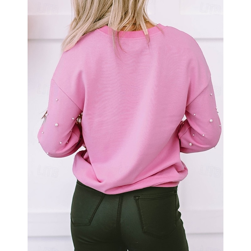 Women's Shirt Blouse Solid Color Basic Casual Long Sleeve Bishop Sleeve Crew Neck Regular Tops Daily Patchwork Beaded Pink Fall Winter2