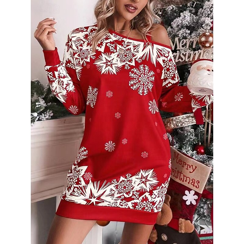snowflake Dress Hoodie Women's Cute Off Shoulder Adults Christmas New Year Christmas Eve Christmas Party Dress