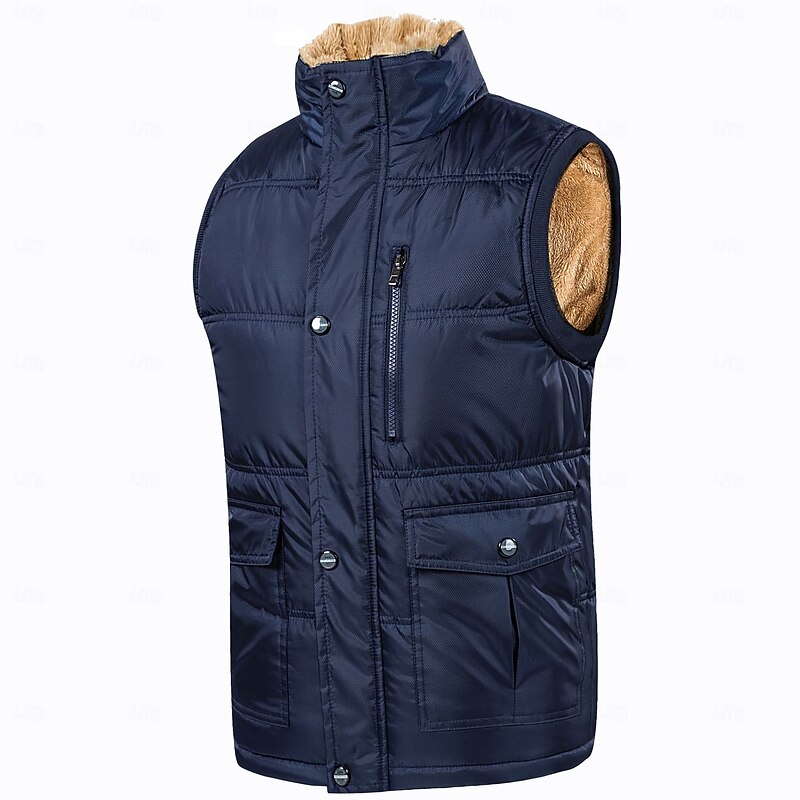 Men's Puffer Vest Fleece Vest Gilet Daily Date Vacation Fashion Casual Fall & Winter Pocket Polyester Warm Comfortable Solid Color Hidden Buttoned Front Stand Collar Regular Fit Black Blue Vest 14