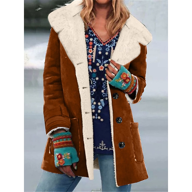 Women's Fleece Jacket Teddy Coat Warm Breathable Buttons Pocket Fleece Lined Casual Plain Vacation Street Daily Wear Going out Single Breasted Regular Turndown Regular Fit Long Sleeve Outerwear Black