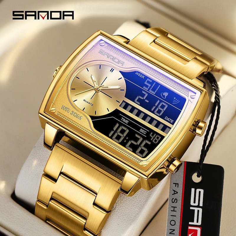 SANDA Men Digital Watch Fashion Casual Wristwatch Shock Resistant Luminous Stopwatch Alarm Clock Countdown Steel Leather Watch