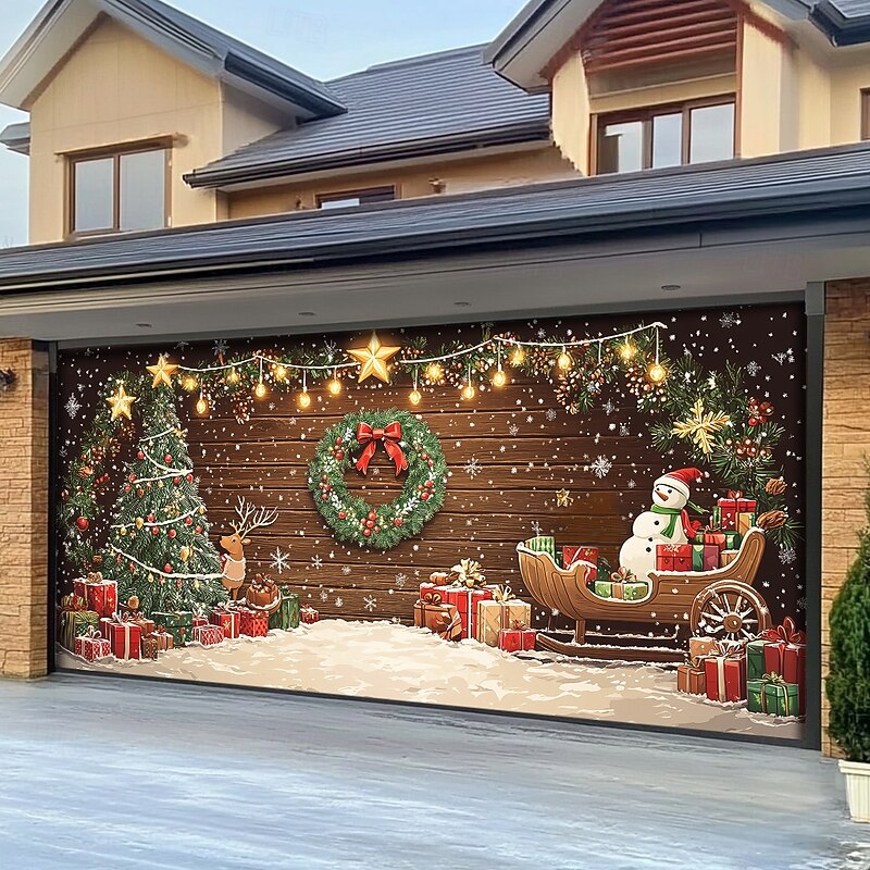 Christmas Door Decorations Outdoor Garage Door Cover Xmas Banner Christmas Scene Farmhouse Large Christmas Backdrop for Holiday Outdoor Garage Door Home Wall Decorations3