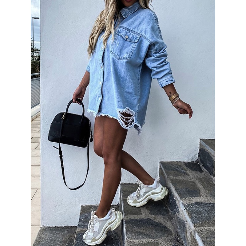 Women's Denim Jacket Outdoor Street Daily Wear Fall Winter Regular Coat Regular Fit Thermal Warm Breathable Stylish Casual Jacket Long Sleeve Solid Color with Pockets Light Blue3