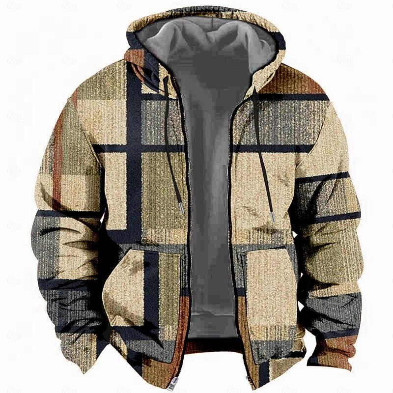 Christmas Men's Plaid Hoodie Hoodies Sweatshirt Fashion Daily Long Sleeve Hooded Holiday Travel Khaki Drawstring Zipper Pocket Fall Winter Designer