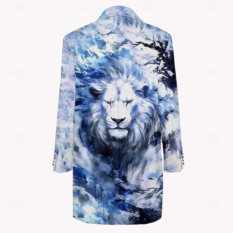 Men's Lion Winter Coat Fleece Jacket Overcoat Thermal Comfortable Artistic Casual Outdoor Party Evening Wear Daily Wear 3D Print Buttons Front Pocket Winter Turndown Long Sleeve Blue2