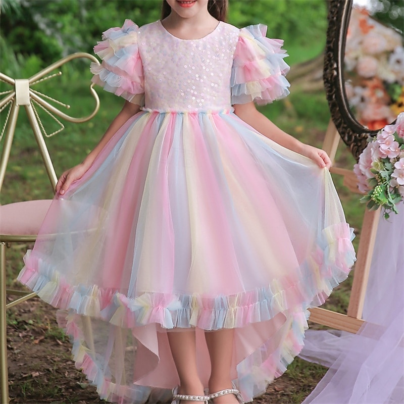Kids Girls' Cosplay Dress Party Dress Solid Color Rainbow Short Sleeve Performance Christmas Mesh Backless Patchwork Beautiful Sweet Polyester Maxi Party Dress Swing Dress Tulle Dress Winter 4-12