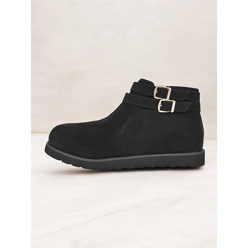 Women's Black Buckle Faux Suede Ankle Boots – Casual Flat Winter Boots with Double Strap for Everyday Comfort4