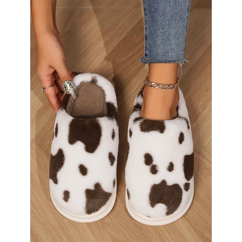 Cow Print Plush Slippers for Women - Fuzzy Faux Fur Indoor House Shoes with Soft Memory Foam for Cozy Comfort 16