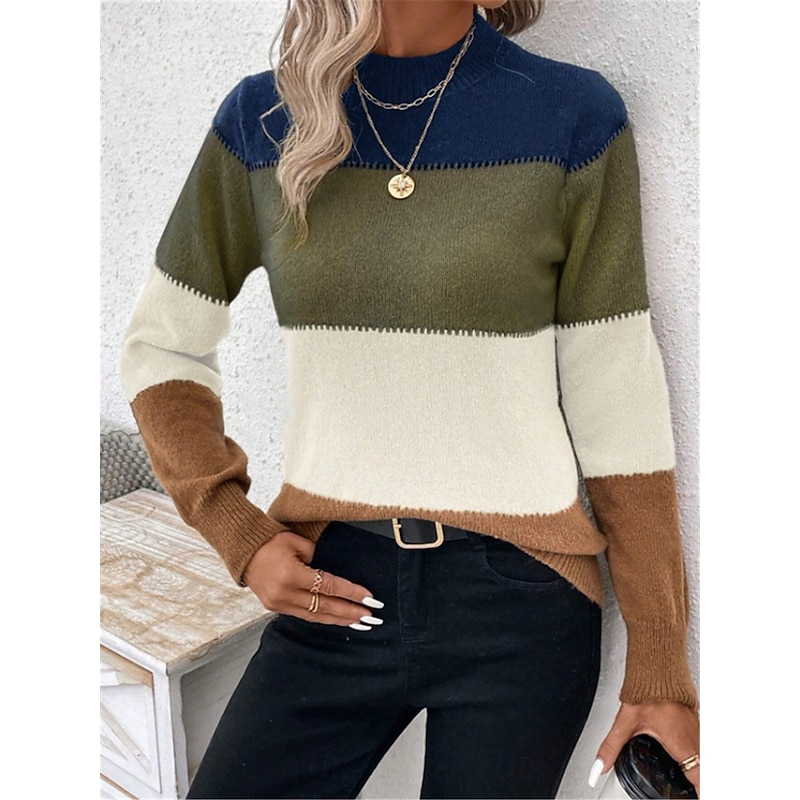 Women's Sweater Pullover Sweater Jumper Casual Soft Striped Ribbed Crew Neck Knitted Long Sleeve Regular Tops Knit Outdoor Daily Weekend Camel Apricot Fall Winter4