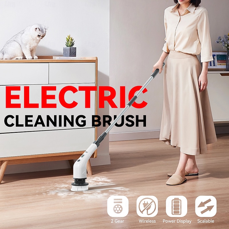 Electric Cleaning Brush 360 Rotating Mop for Kitchen & Car  Adjustable Speed with 8 Brush Heads 2 Extension Arms Waterproof