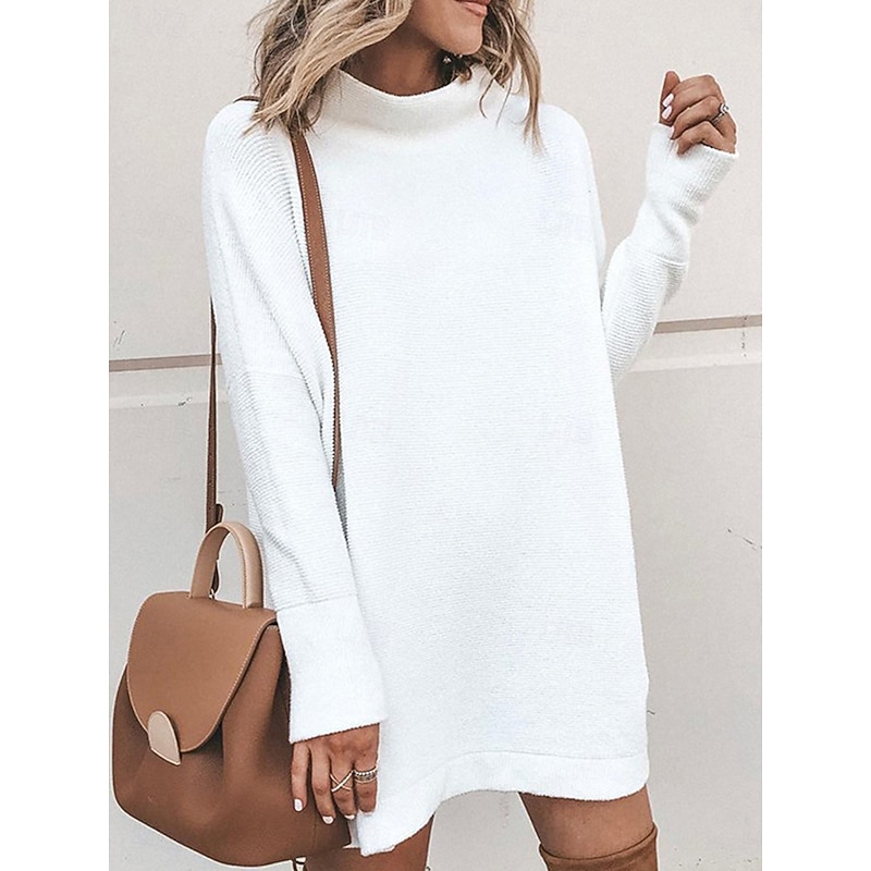 Women's Sweater Dress Casual Soft Pure Color Ribbed Turtleneck Knitted Long Sleeve Long Tops Knit Outdoor Daily Weekend Black White Fall Winter2