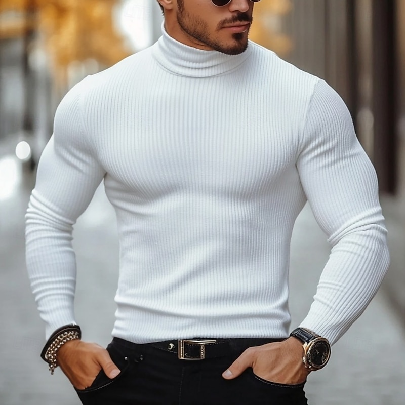 Men's T Shirt Turtleneck shirt Ribbed Knit tee Long Sleeve Shirt Long Sleeve Rolled collar Fall & Winter Plain Lightweight Classic Casual Ribbed Outdoor Casual Sports White Top Tee for Men
