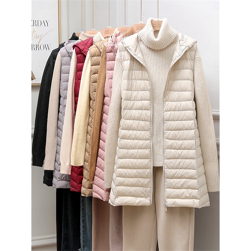 Women's Puffer Vest Warm Breathable Zipper Pocket Casual Plain Vacation Street Daily Wear Going out Zipper Long Hoodie Regular Fit Sleeveless Outerwear Black Pink Beige Fall Winter