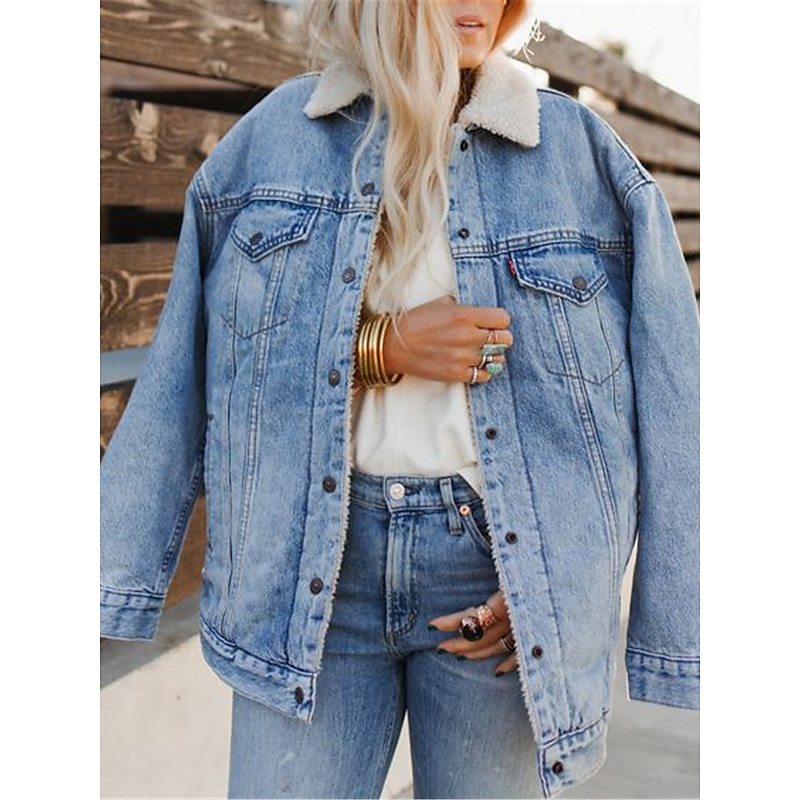 Women's Fleece Jacket Teddy Coat Denim Jacket Warm Breathable Pocket Fleece Lined Casual Plain Vacation Street Daily Wear Going out Single Breasted Regular Turndown Regular Fit Long Sleeve Outerwear