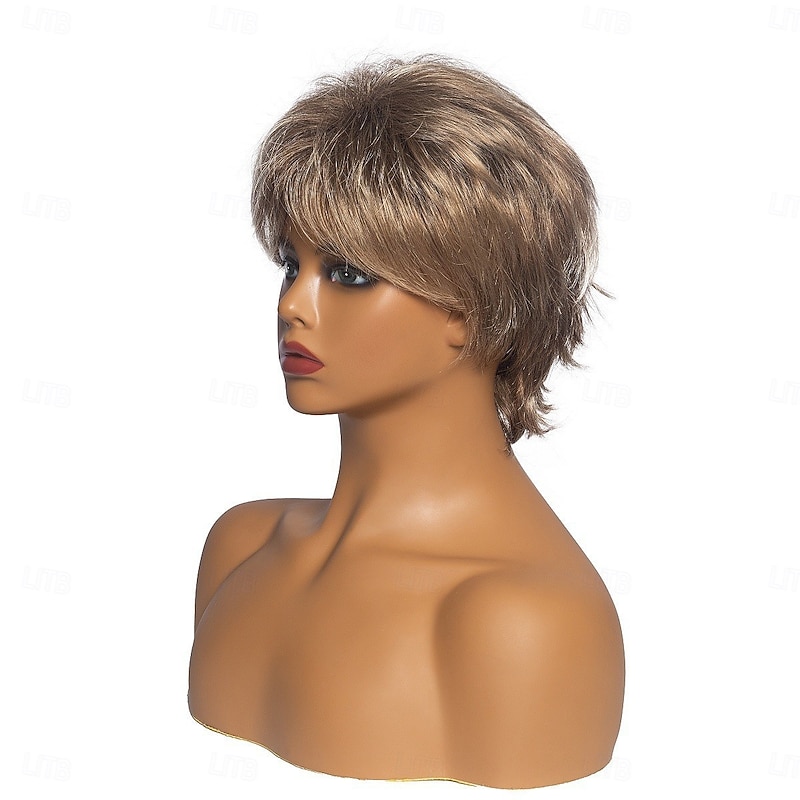Brown Mix Blonde Curly Pixie Wigs for White Women Short Fluffy White Hair with Bangs Natural Synthetic Heat Resistant Wig2