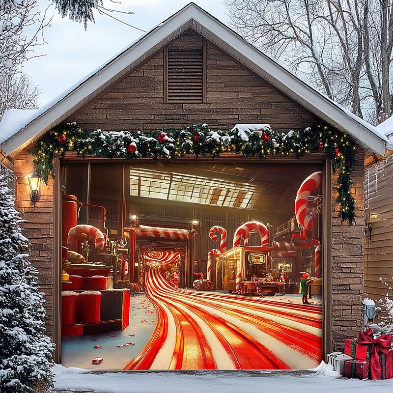Christmas Door Decorations Garage Door Cover Xmas Candy Canes Gifts Gingerbread Outdoor Banner Large Christmas Backdrop for Holiday Outdoor Garage Door Home Wall Decorations 18