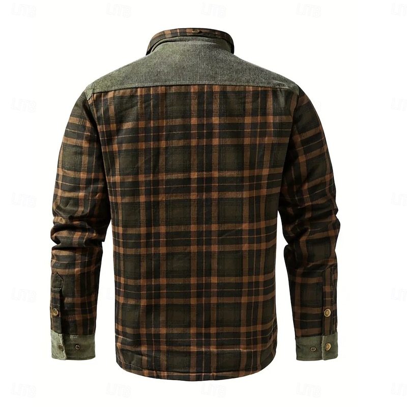 Men's Shirt Jacket Fleece Jacket Shacket Formal Home Warm Pocket Winter Spring &  Fall Grid / Plaid Vintage Fashion Shirt Collar Regular Army Green Jacket4