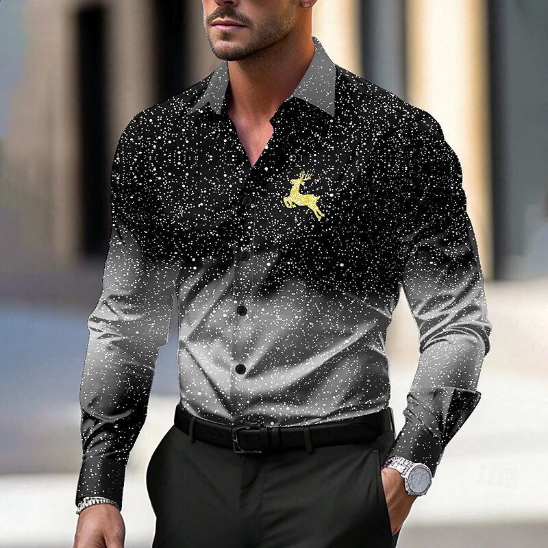 Christmas Men's Space Christmas Scene Deer Shirt Dress Shirt Button Up Shirt Long Sleeve Casual Business Casual New Year Party Evening Wear Daily Fall Winter Spring & Summer Shirt Collar Button Up 3D4