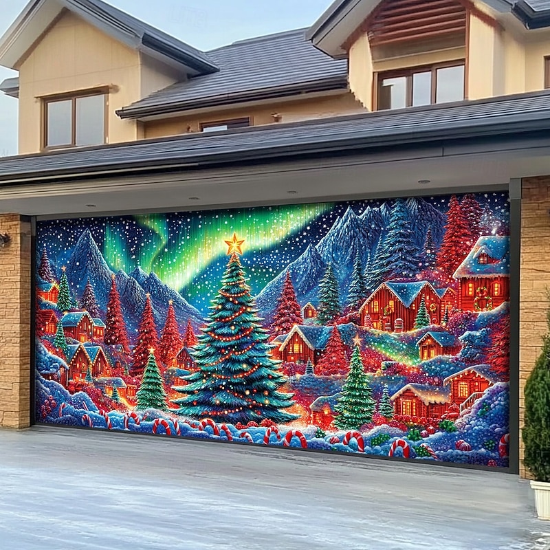Christmas Door Decorations Outdoor Garage Door Cover Xmas Tree Banner Farmhouse Large Christmas Backdrop for Holiday Outdoor Garage Door Home Wall Decorations 12