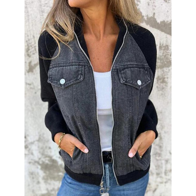 Women's Casual Jacket Textured Jackets Outdoor Street Daily Wear Fall Winter Short Coat Stand Collar Regular Fit Thermal Warm Breathable Stylish Casual Jacket Long Sleeve Color Block Full Zip with