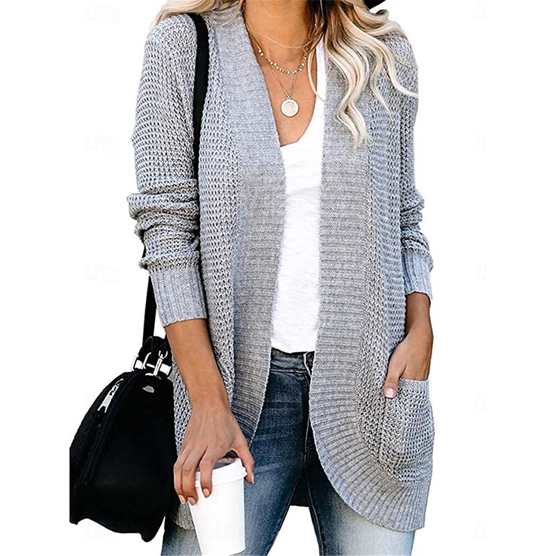 Women's Sweater Cardigan Casual Soft Pure Color Ribbed Open Front Pocket Knitted Long Sleeve Regular Tops Knit Outdoor Daily Weekend Black White Fall Winter4