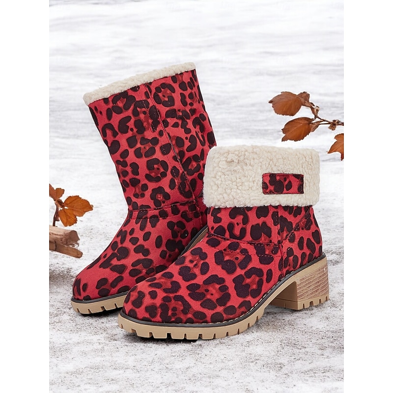 Women's Red Leopard Print Winter Boots with Faux Fur Lining and Chunky Heel – Warm and Stylish Snow Boots2