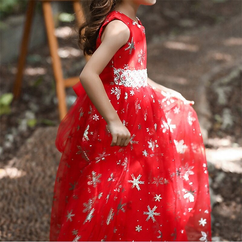 Kids Girls' Cosplay Dress Party Dress Snowflake Sleeveless Performance Christmas Mesh Backless Patchwork Beautiful Sweet Polyester Maxi Party Dress Swing Dress Tulle Dress Winter 4-12 Years White2