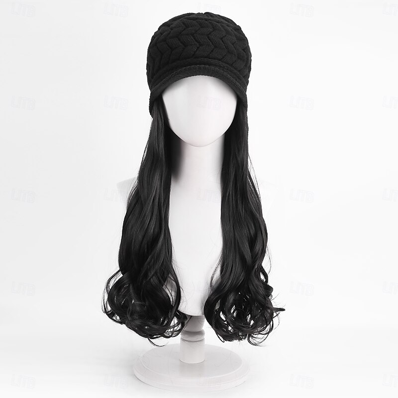 Hat Wig Beanie Hat with Hair Long Wavy Extensions Knit Pom Pom Hat  for Women Winter Black3