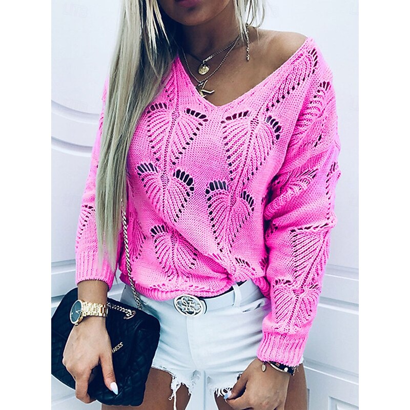 Women's Sweater Pullover Sweater Jumper Casual Soft Pure Color Ribbed V Neck Hollow Out Knitted Long Sleeve Regular Tops Knit Outdoor Daily Weekend Blue Fuchsia Fall Winter2